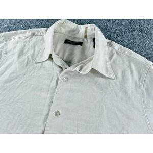 Brandini Pure Silk Mens Medium Cream Tropical Leaf Short Sleeve Button Down